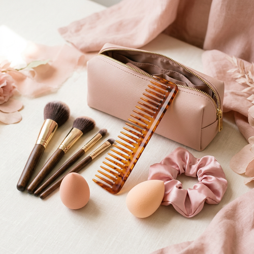 AI-generated beauty accessories collection concept, not actual merchandise