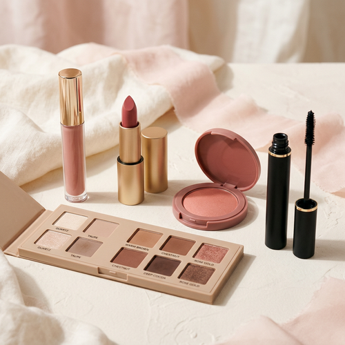 AI-generated cosmetics collection concept, not a shade reference or actual merchandise